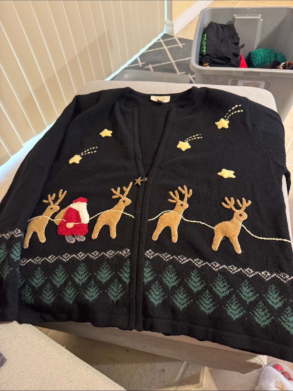 Vintage Talbots Black Zip-Front Holiday Reindeer & Santa Cardigan